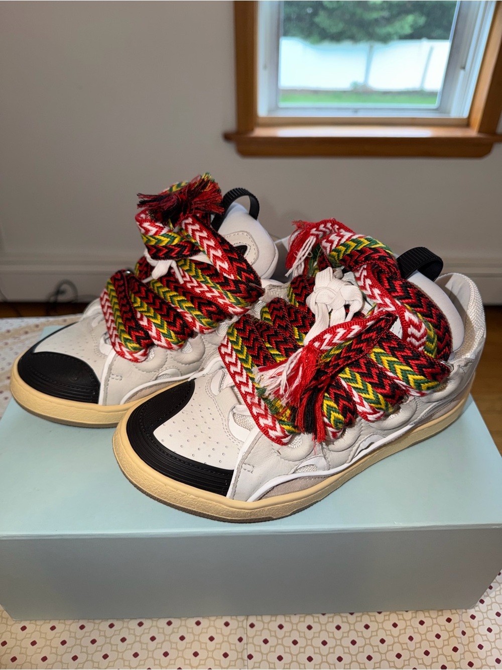 Lanvin White Sneakers with Black Toe and Multicolor Rope Laces